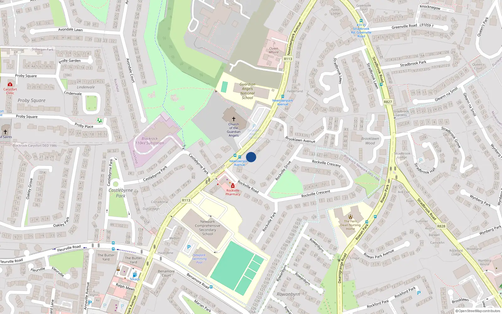 Overhead map showing the location of 62 Newtownpark Avenue, Blackrock