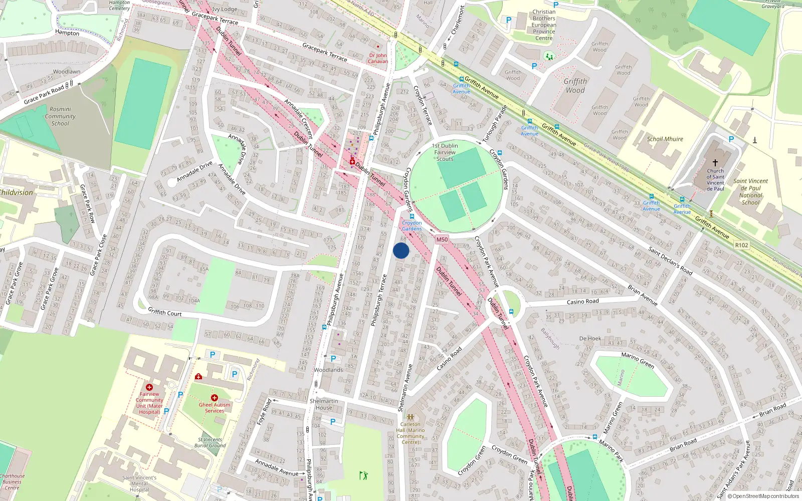 Overhead map showing the location of 62 Philipsburgh Terrace, Dublin 3