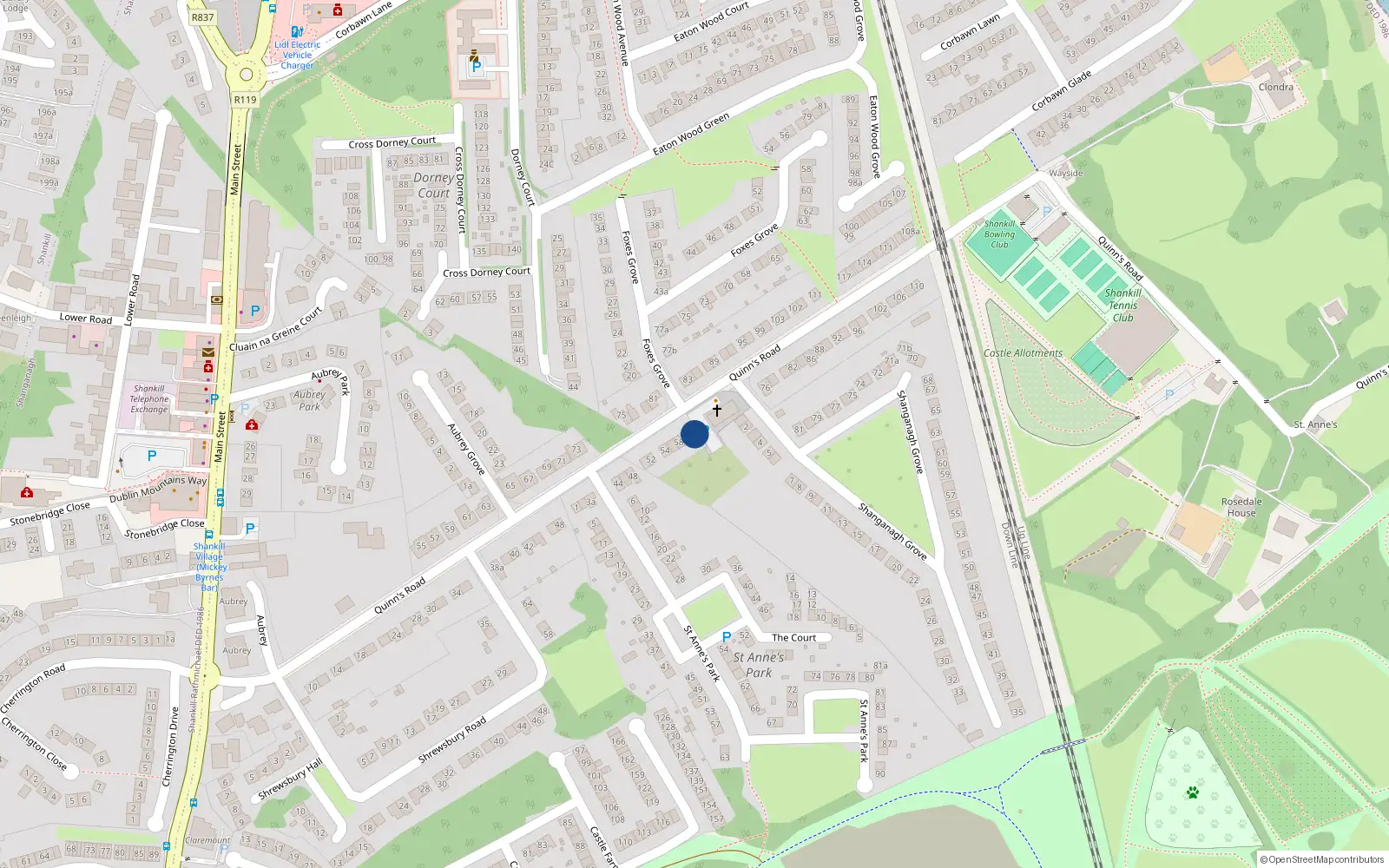 Overhead map showing the location of 62 Quinn's Road, Shankill