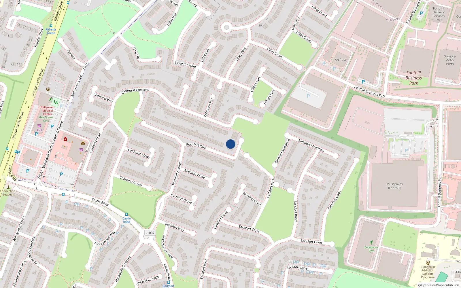 Overhead map showing the location of 62 Rochfort Park, Lucan