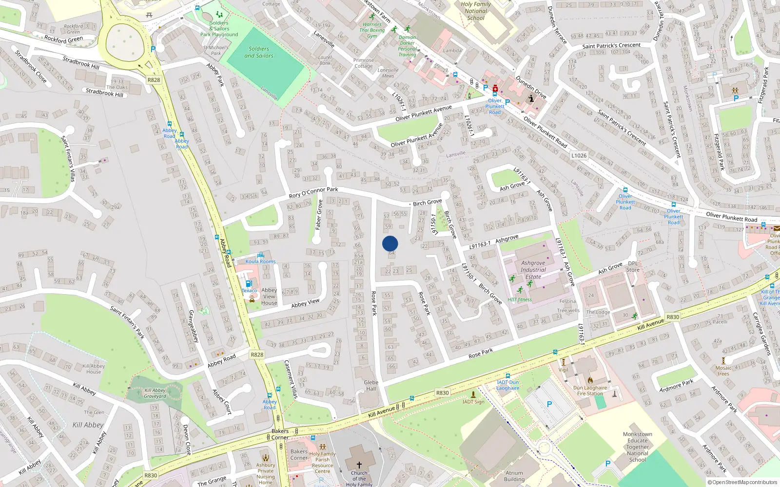 Overhead map showing the location of 62 Rory Oconnor Park, Dun Laoghaire, Dublin