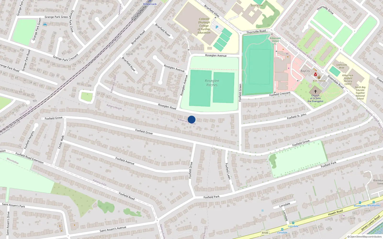 Overhead map showing the location of 62 Roseglen Road, Dublin 5