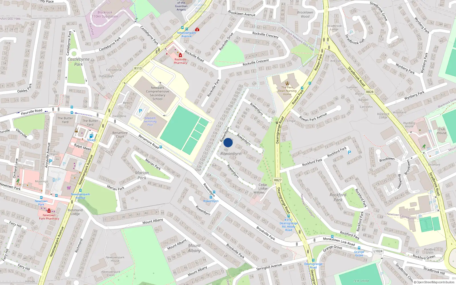 Overhead map showing the location of 62 Rowanbyrn, Blackrock