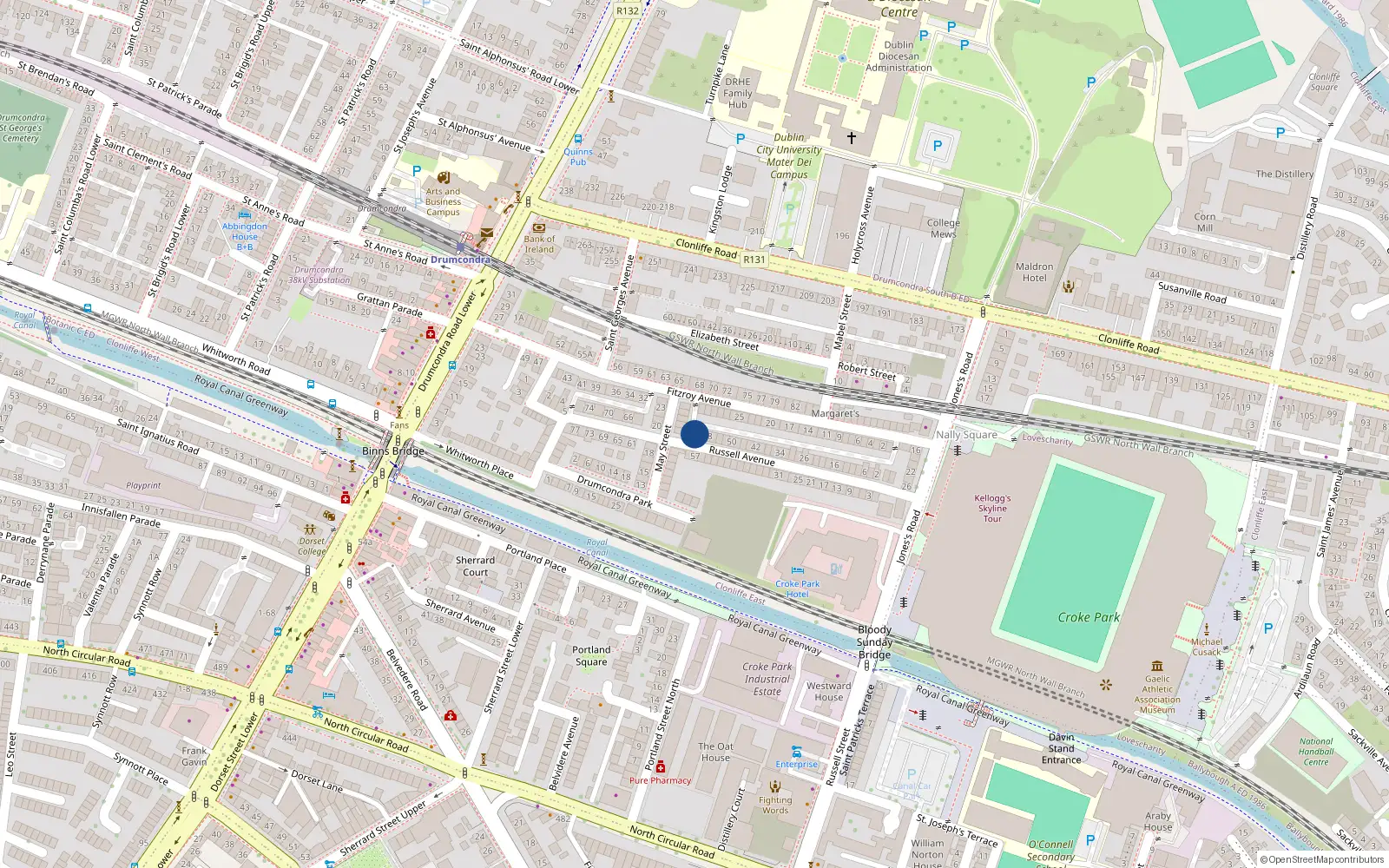 Overhead map showing the location of 62 Russell Avenue, Drumcondra, Dublin 3