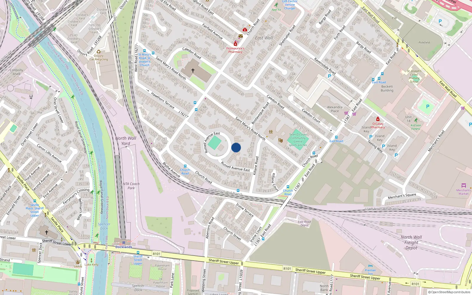 Overhead map showing the location of 62 Russell Avenue, East Wall, Dublin 3