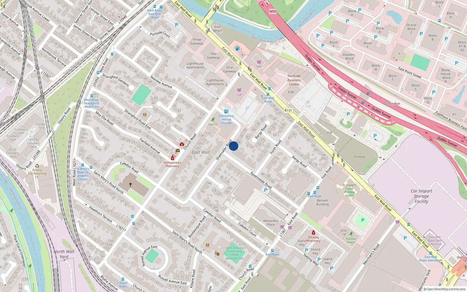Overhead map showing the location of 62 Shelmalier Road, East Wall, Dublin 3