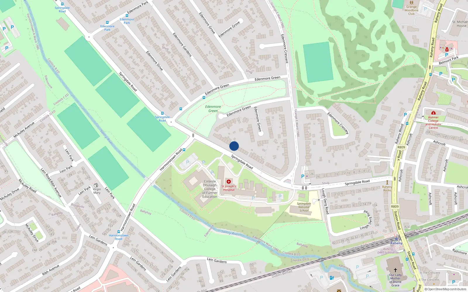 Overhead map showing the location of 62 Springdale Road, Dublin 5