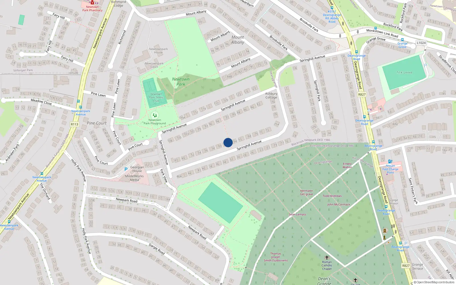 Overhead map showing the location of 62 Springhill Avenue, Blackrock