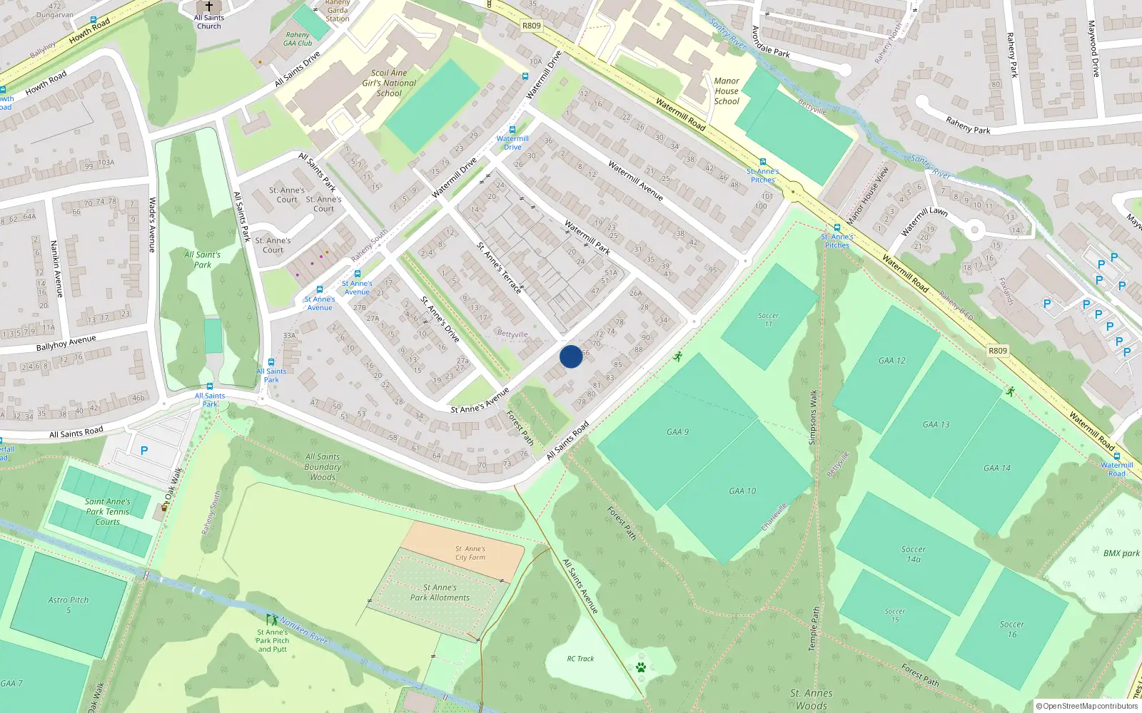 Overhead map showing the location of 62 St Annes Avenue, Raheny, Dublin 5