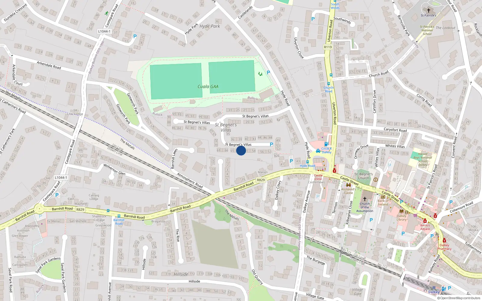Overhead map showing the location of 62 St Begnets Villas, Dalkey, Dublin
