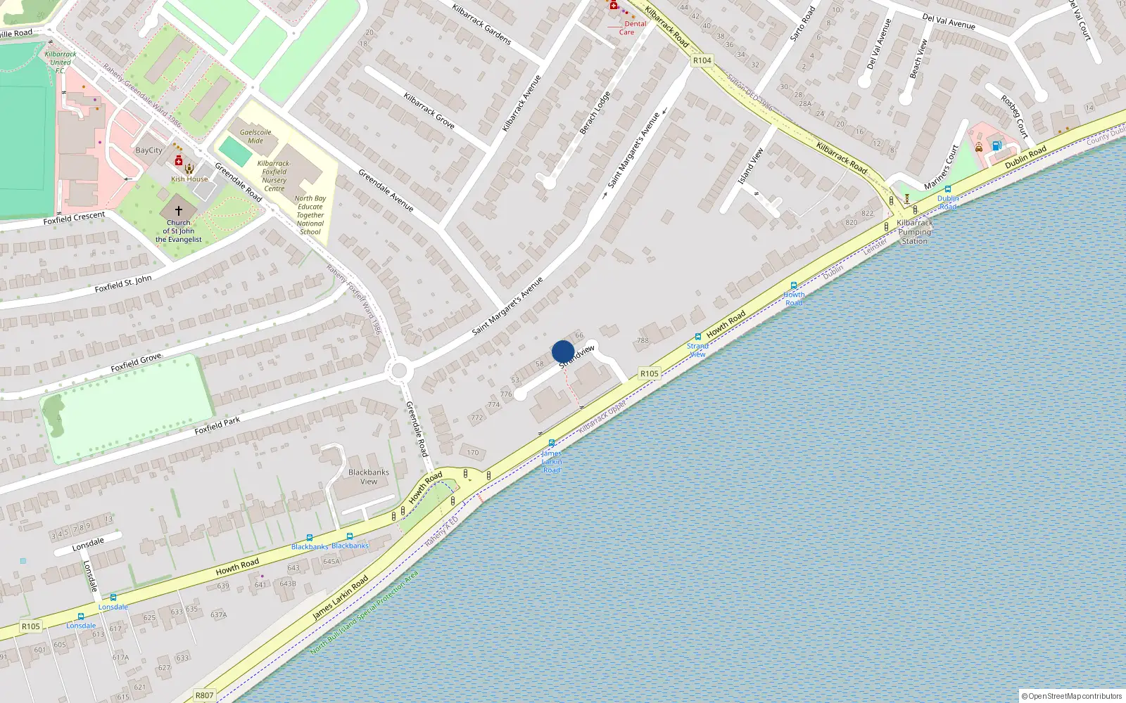 Overhead map showing the location of 62 Strand View, Dublin 5