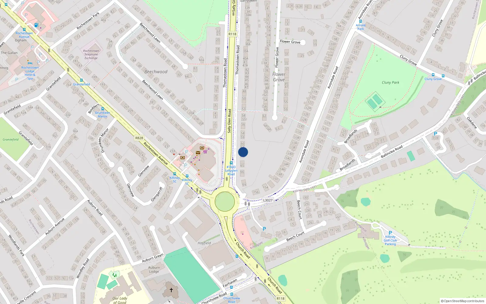 Overhead map showing the location of 62 Thomastown Road, Dublin