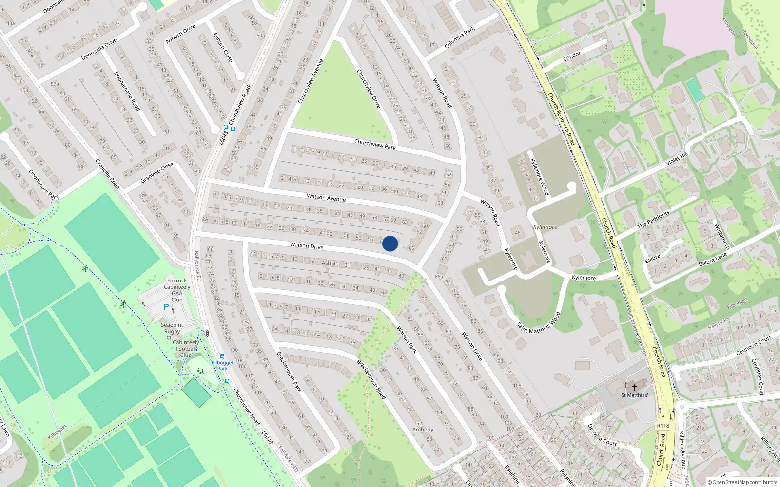 Overhead map showing the location of 62 Watson Drive, Killiney, Dublin