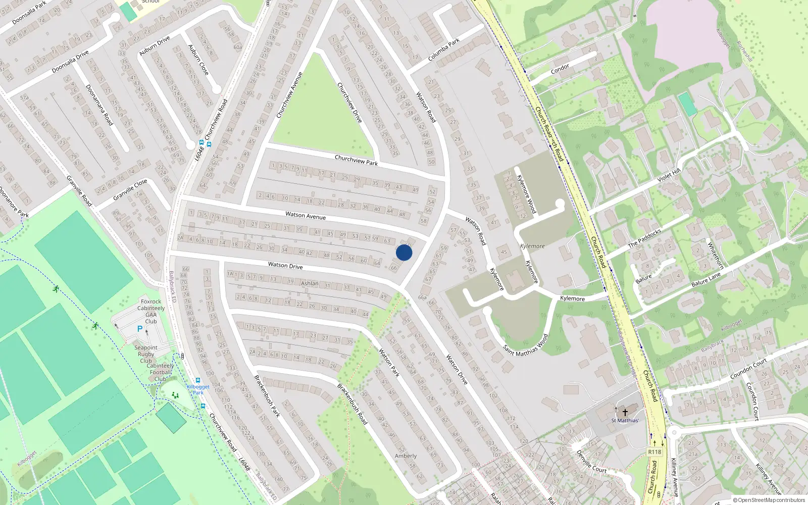 Overhead map showing the location of 62 Watson Road, Killiney