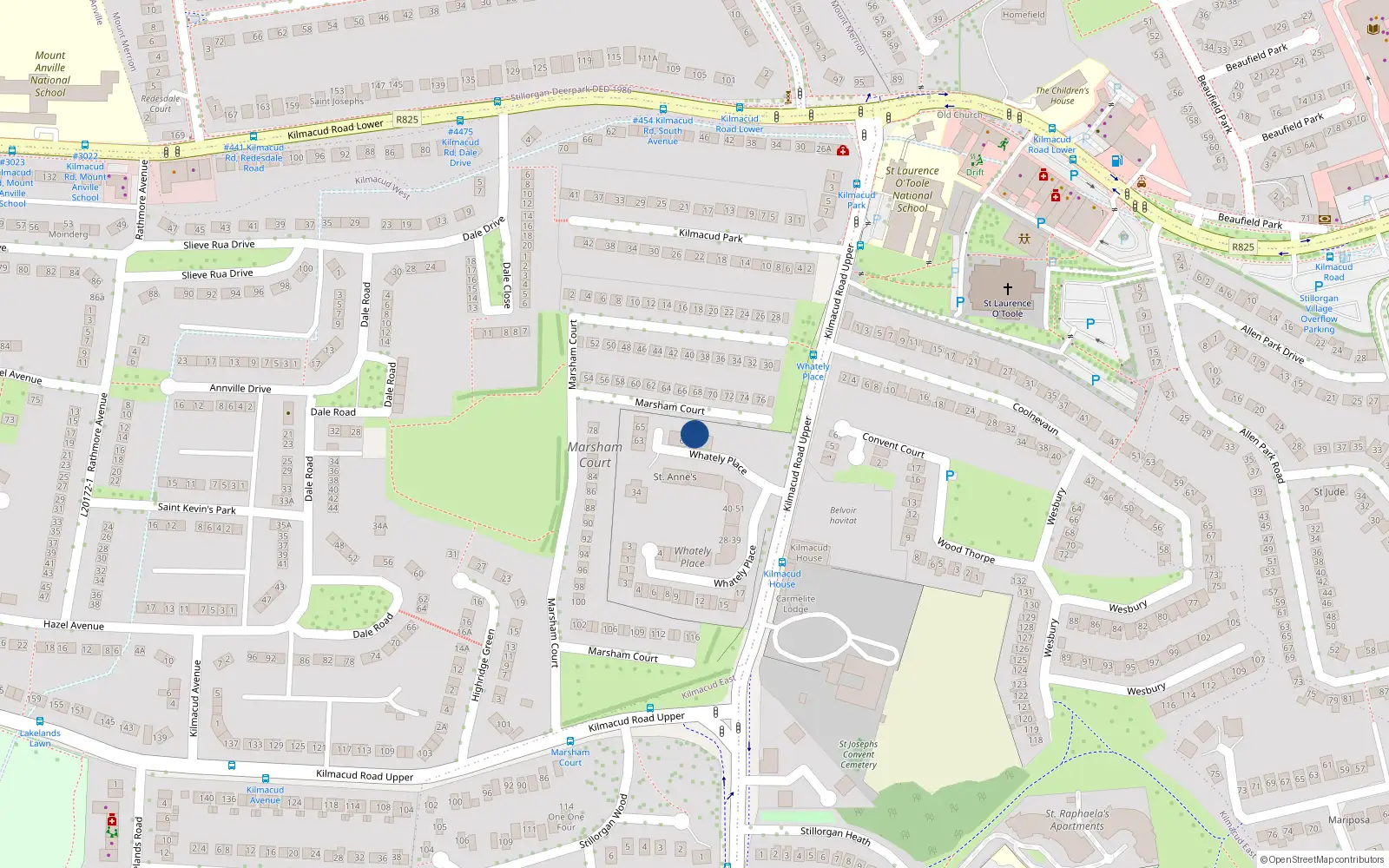 Overhead map showing the location of 62 Whatley Place, Kilmacud Road Upper, Kilmacud