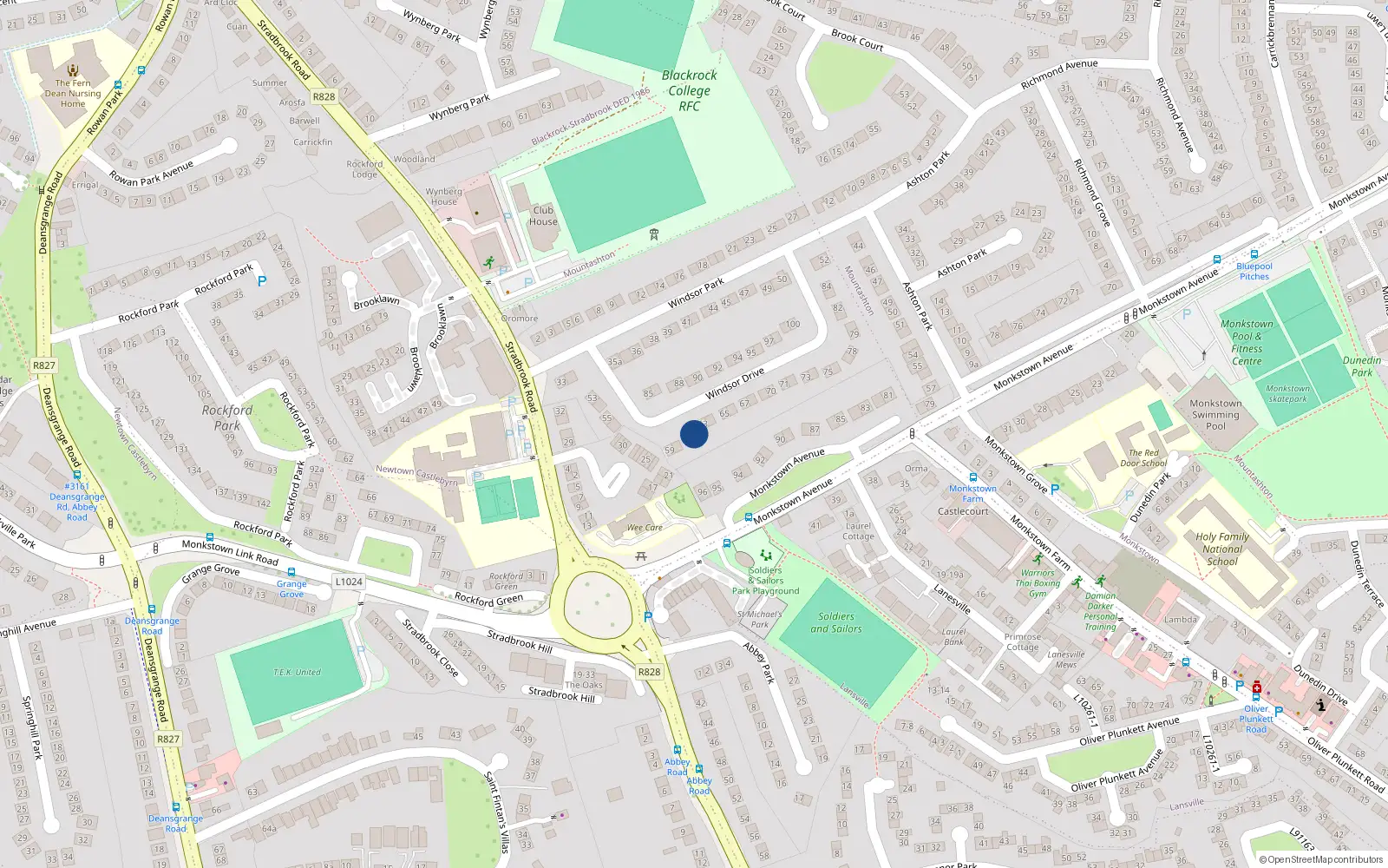 Overhead map showing the location of 62 Windsor Drive, Monkstown, Dublin