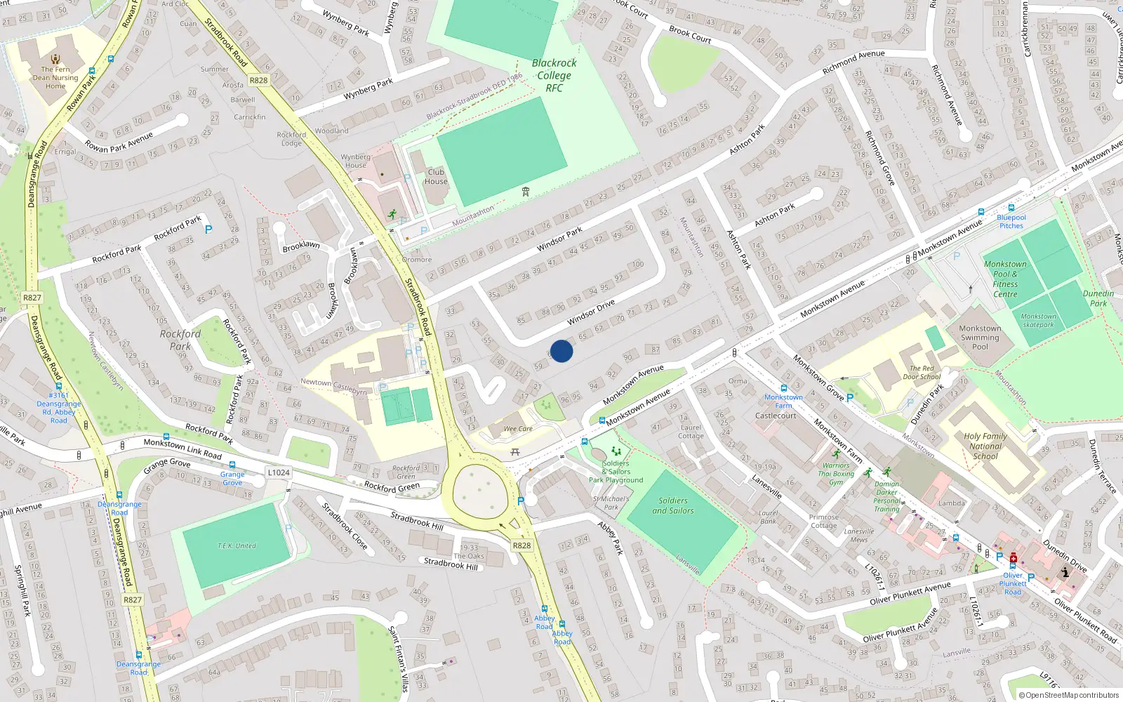 Overhead map showing the location of 62 Windsor Drive, Monkstown