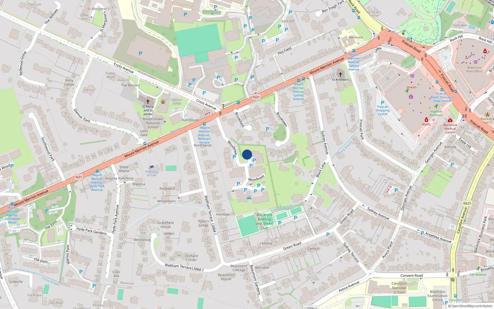 Overhead map showing the location of 62 Woodview, Mount Merrion Avenue, Blackrock