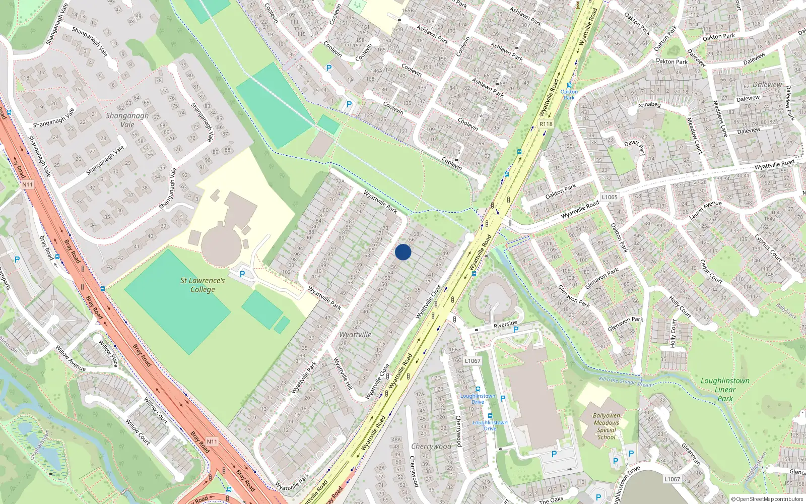 Overhead map showing the location of 62 Wyattville Park, Dun Laoghaire, Dublin