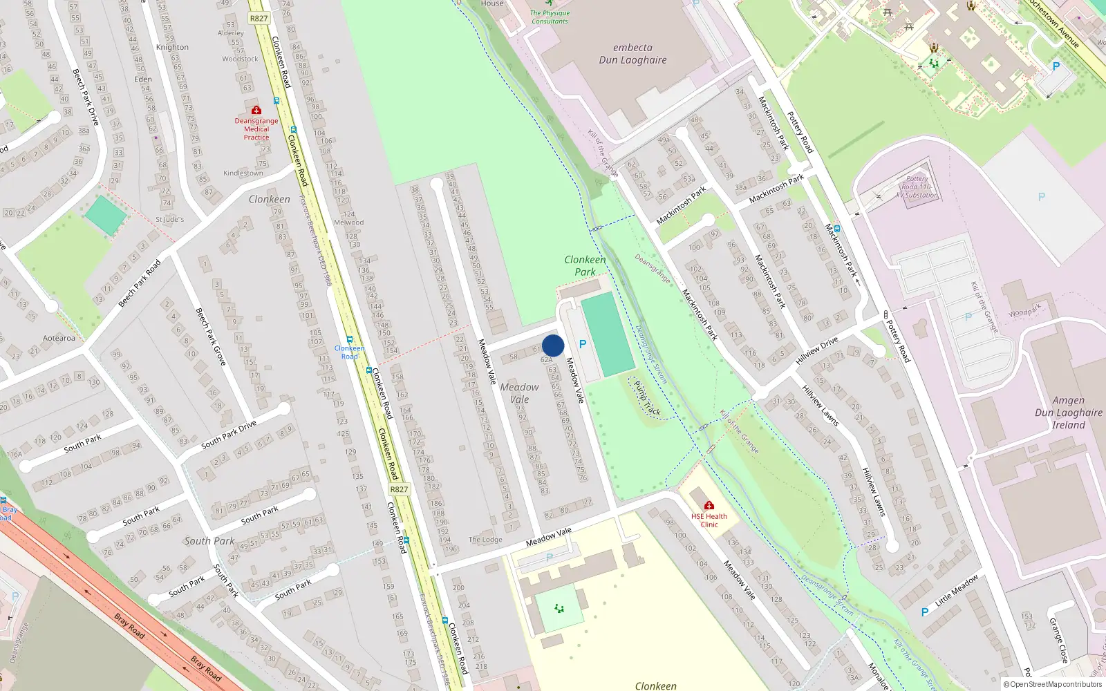 Overhead map showing the location of 62A Meadowvale, Blackrock, Co Dublin