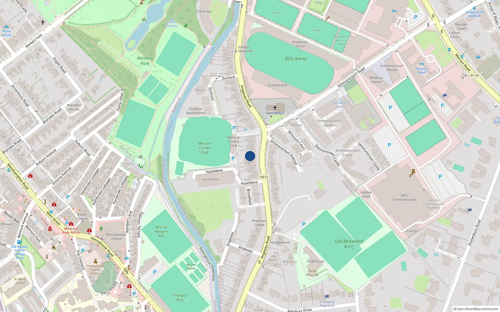 Overhead map showing the location of 63 Anglesea Road, Ballsbridge