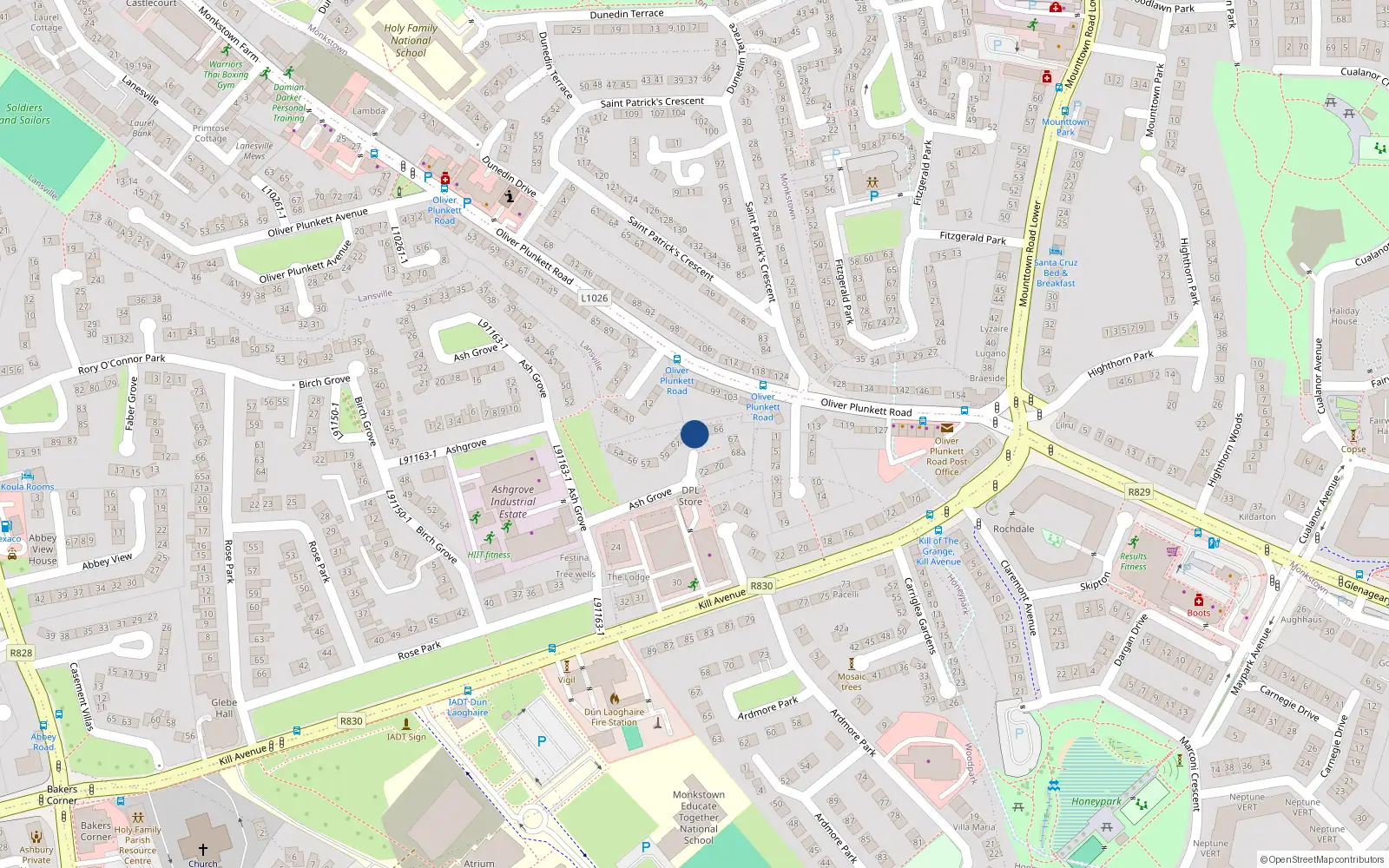Overhead map showing the location of 63 Ash Grove, Kill Avenue, Dun Laoghaire