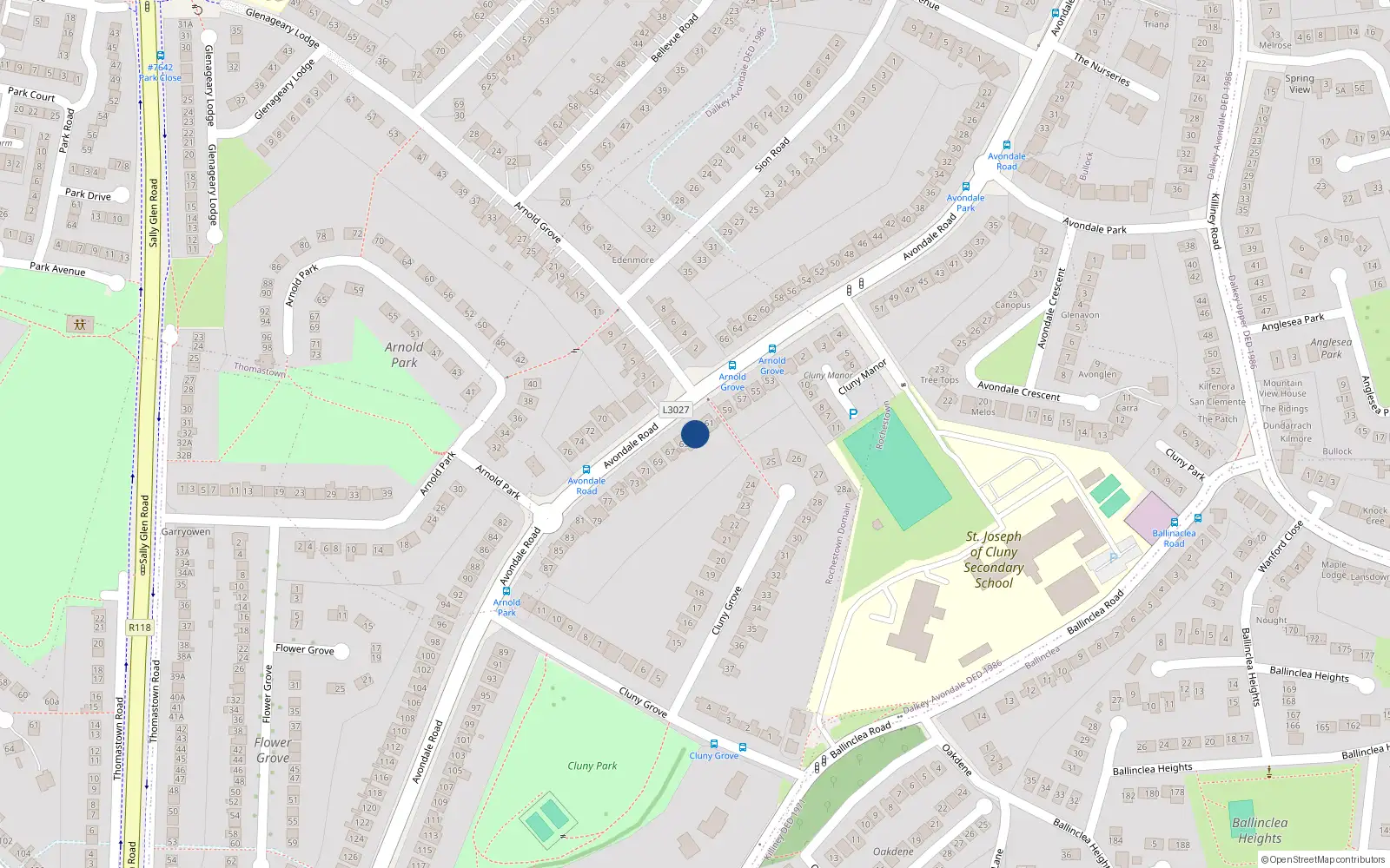 Overhead map showing the location of 63 Avondale Road, Killiney, Co Dublin