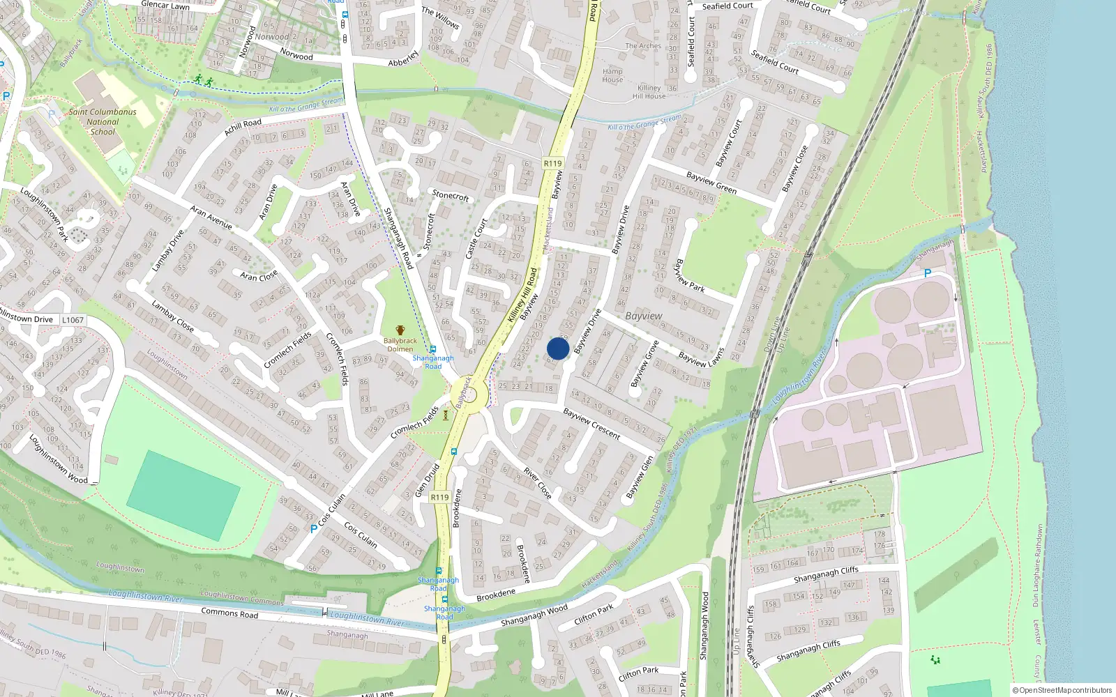Overhead map showing the location of 63 Bayview Drive, Killiney