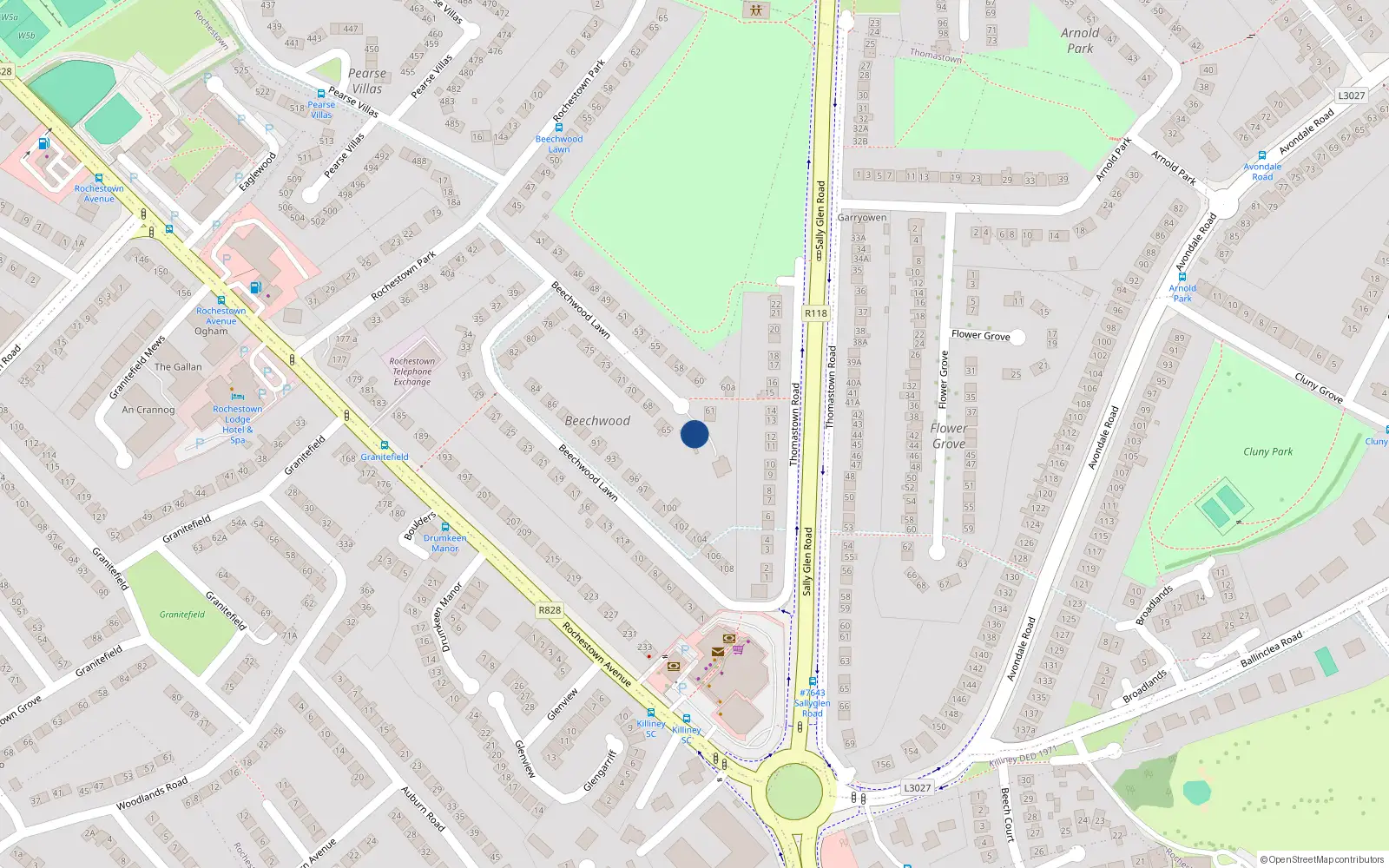 Overhead map showing the location of 63 Beechwood Lawn, Rochestown Avenue, Dun Laoghaire