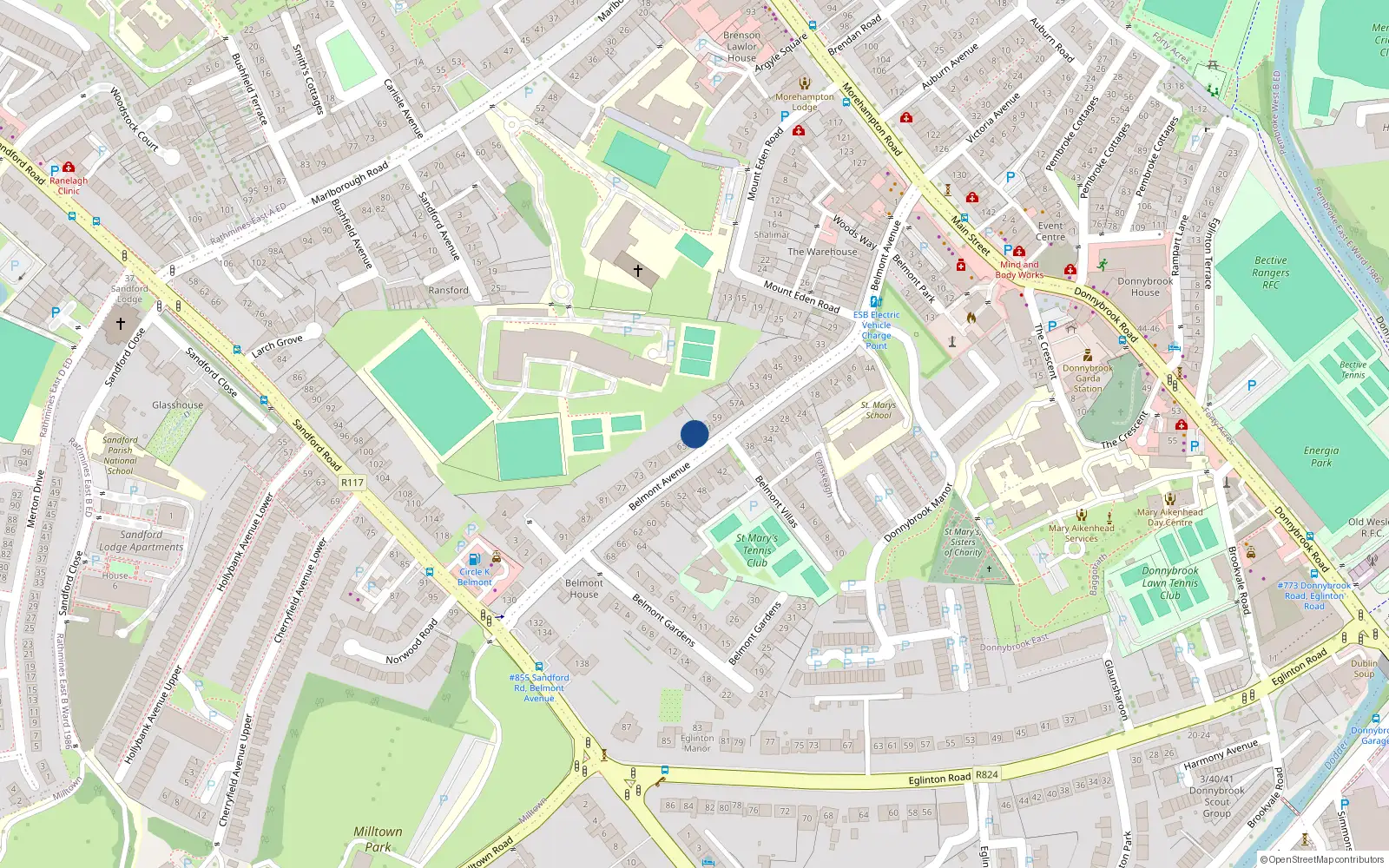 Overhead map showing the location of 63 Belmont Avenue, Donnybrook
