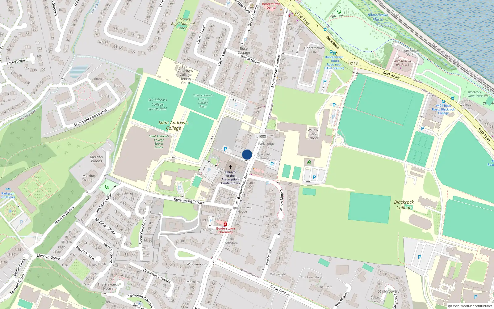 Overhead map showing the location of 63 Booterstown Avenue, Blackrock