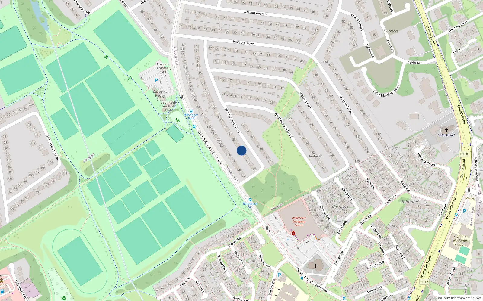 Overhead map showing the location of 63 Brackenbush Park, Killiney