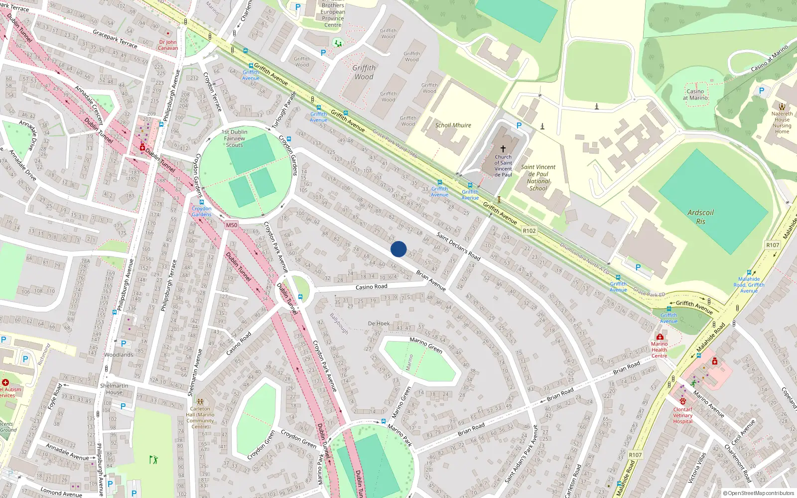 Overhead map showing the location of 63 Brian Avenue, Marino, Dublin 3