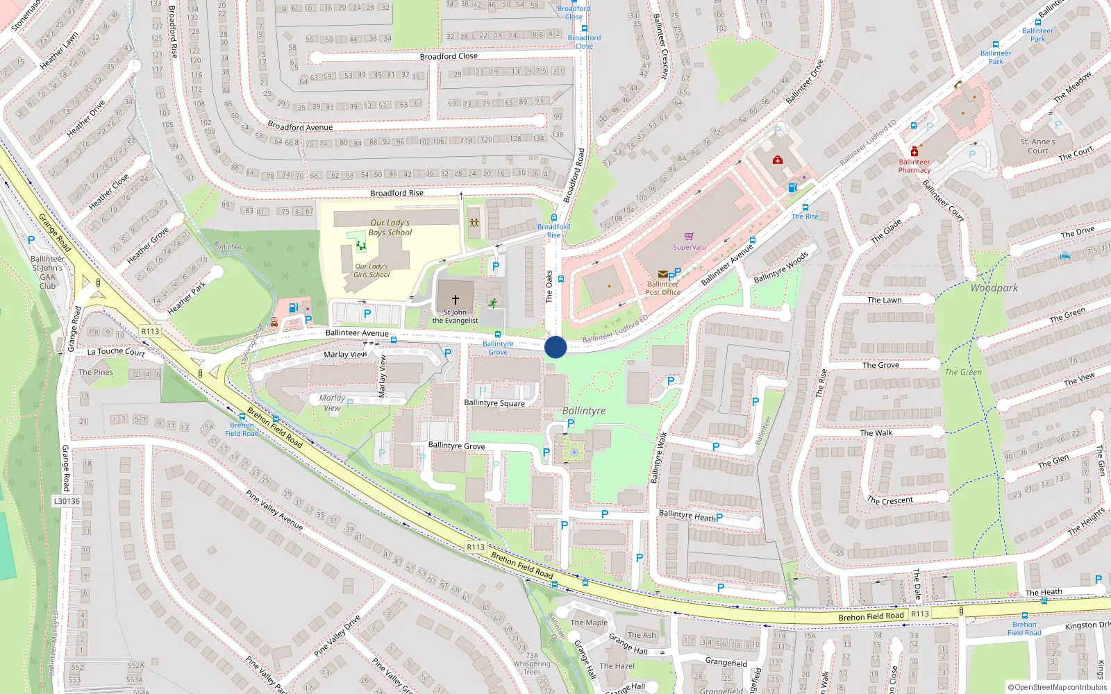 Overhead map showing the location of 63 Broadfield Close, Ballinteer