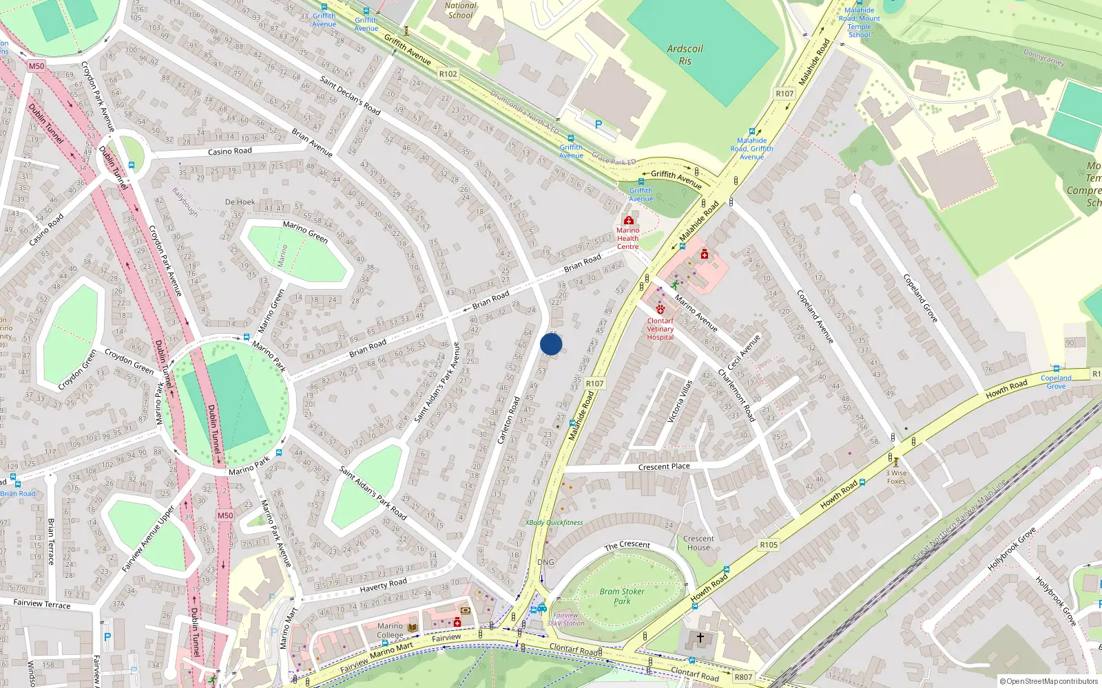 Overhead map showing the location of 63 Carleton Road, Marino, Dublin 3