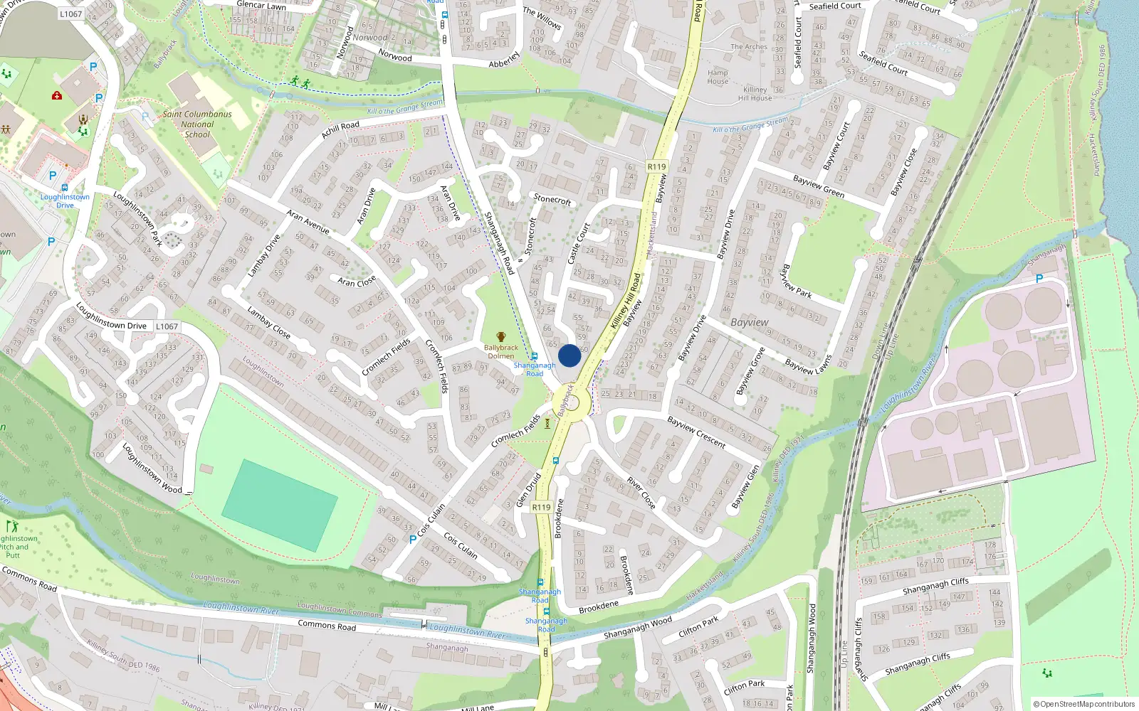 Overhead map showing the location of 63 Castle Court, Killiney