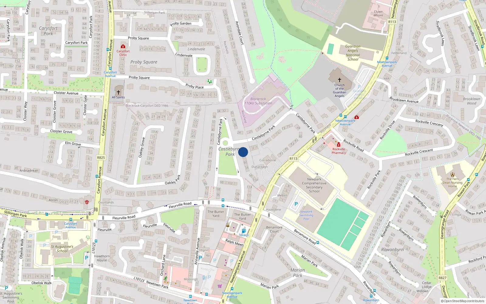 Overhead map showing the location of 63 Castlebyrne Park, Blackrock