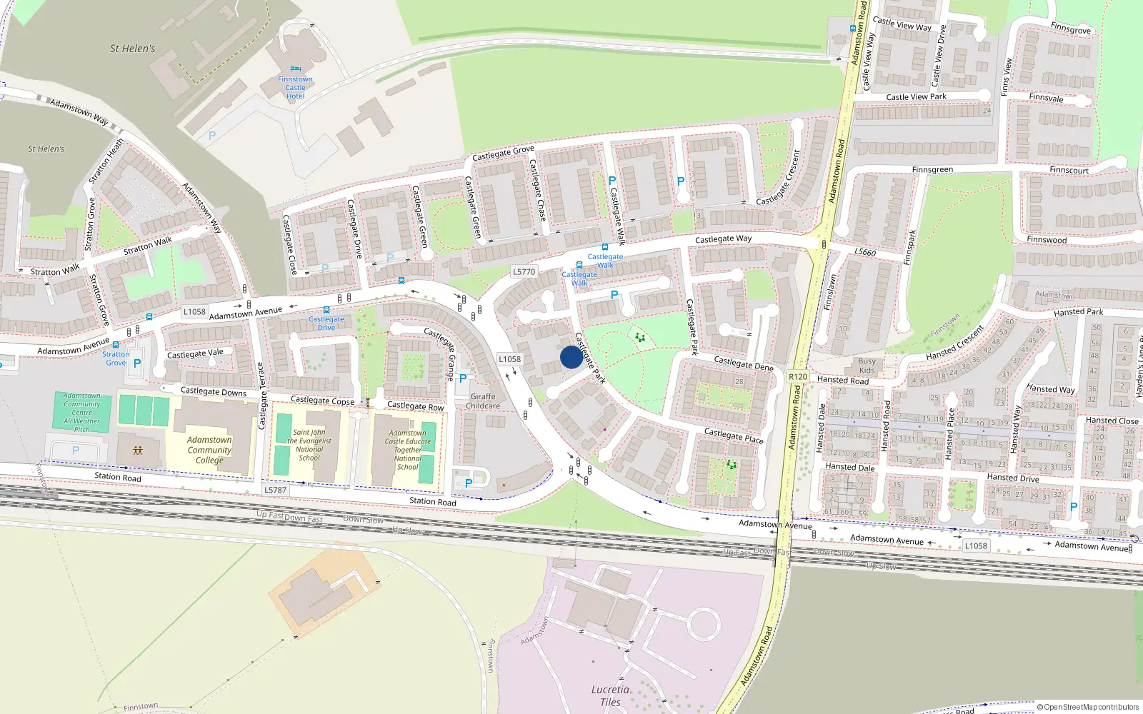 Overhead map showing the location of 63 Castlegate Park, Lucan