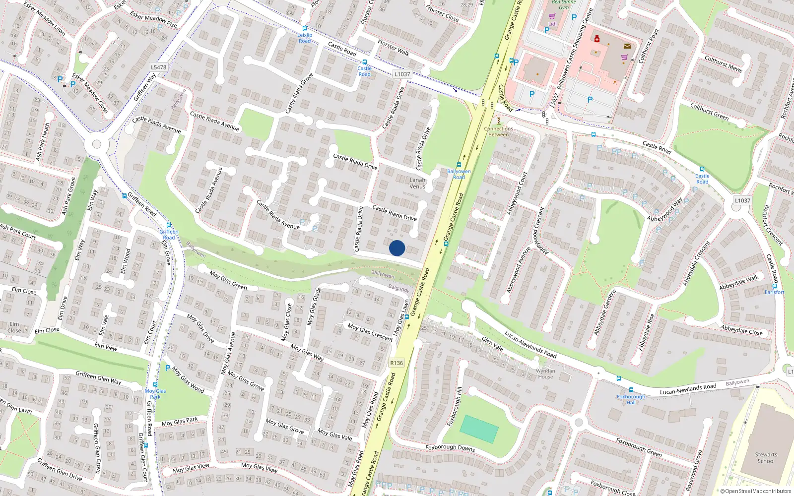 Overhead map showing the location of 63 Castleriada Drive, Lucan, Dublin
