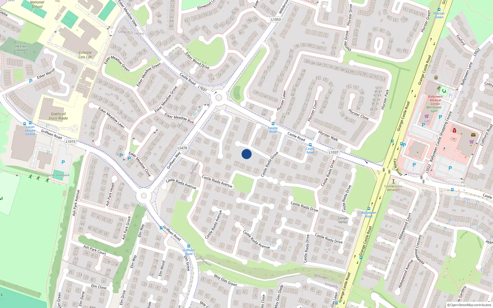 Overhead map showing the location of 63 Castleriada Grove, Lucan, Dublin