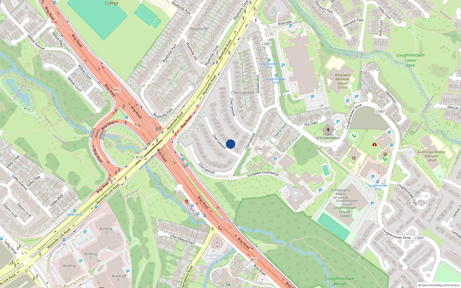 Overhead map showing the location of 63 Cherrywood, Loughlinstown Drive, Killiney
