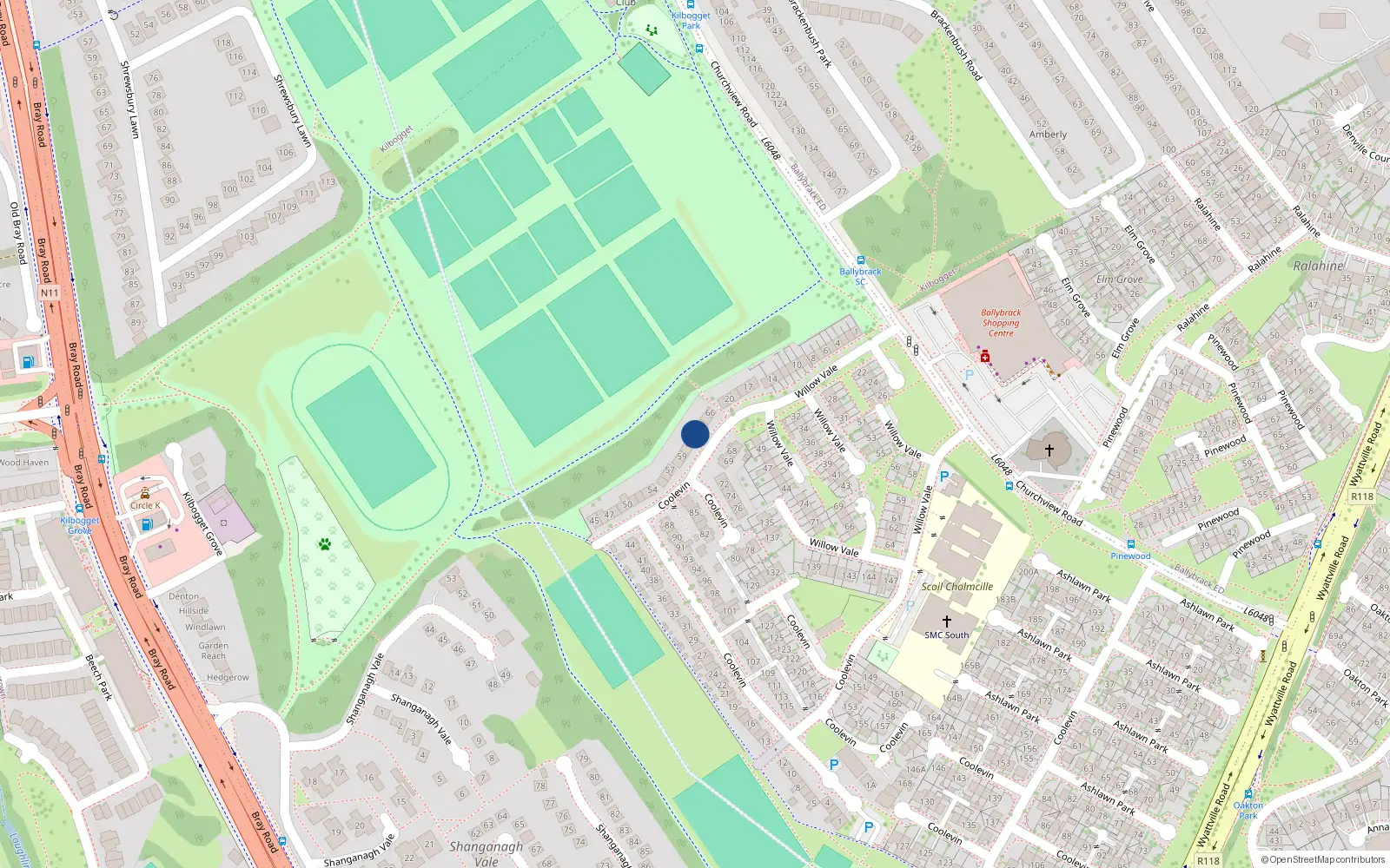 Overhead map showing the location of 63 Coolevin, Ballybrack, Co Dublin