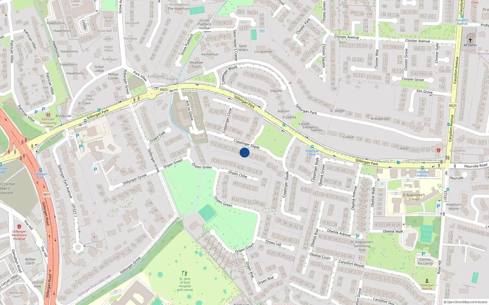 Overhead map showing the location of 63 Coppinger Glade, Dublin
