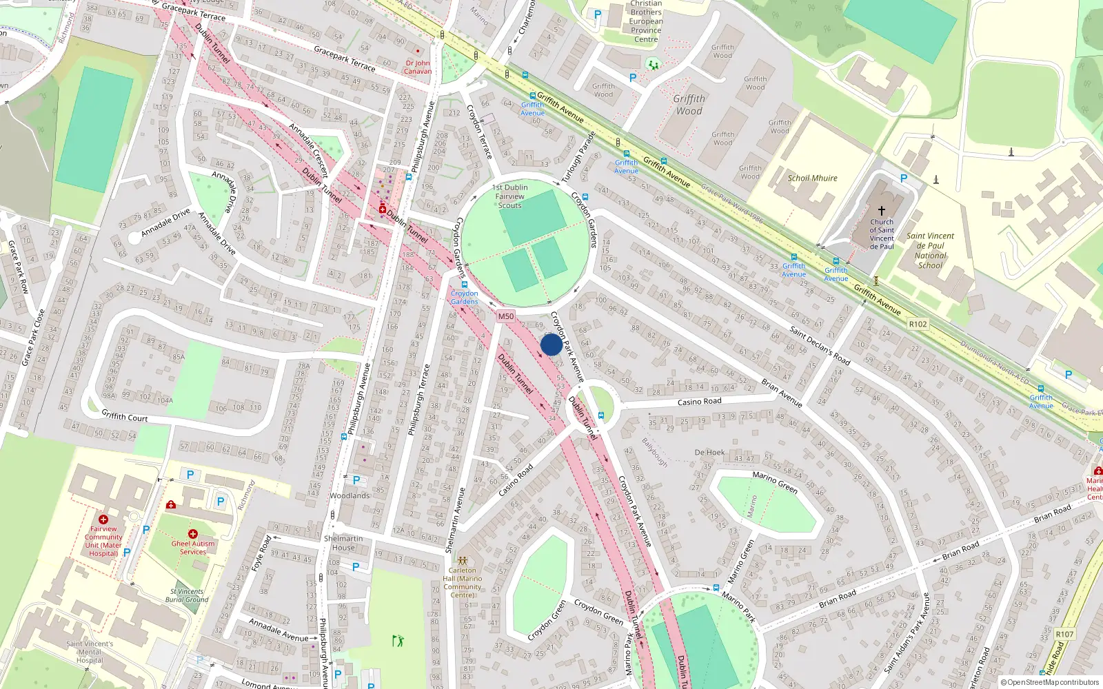 Overhead map showing the location of 63 Croydon Park Avenue, Dublin 3