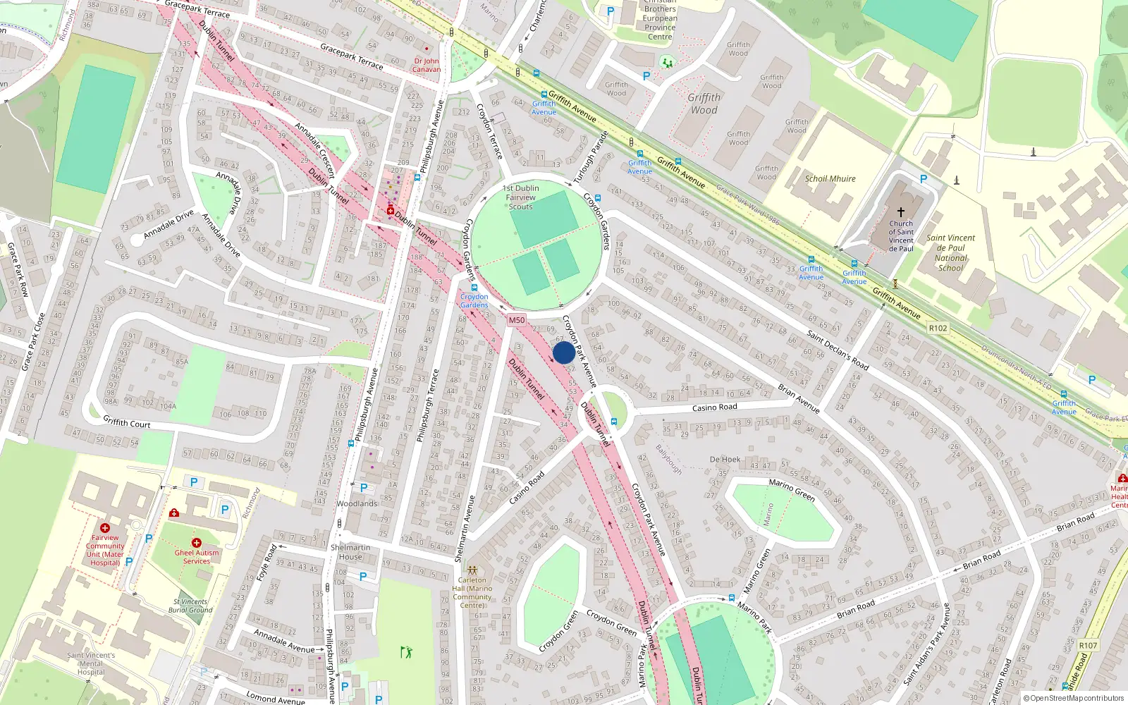 Overhead map showing the location of 63 Croydon Park Avenue, Marino, Dublin 3