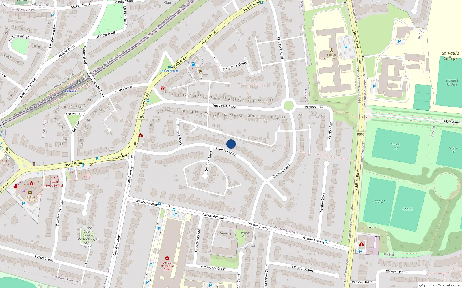 Overhead map showing the location of 63 Dunluce Road, Dublin 3