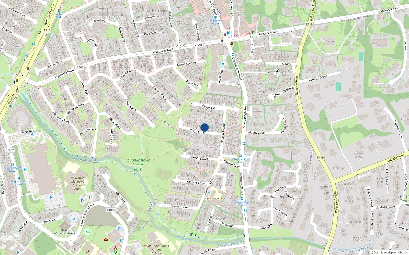 Overhead map showing the location of 63 Ennel Court, Ballybrack, Dublin