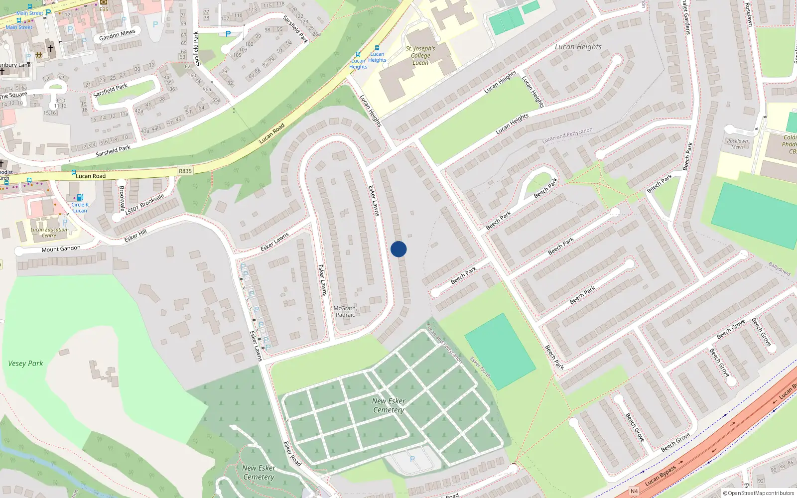 Overhead map showing the location of 63 Esker Lawns, Lucan, Dublin