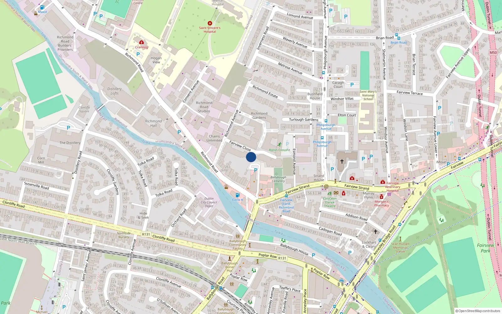 Overhead map showing the location of 63 Fairview Close, Richmond Avenue, Dublin 3