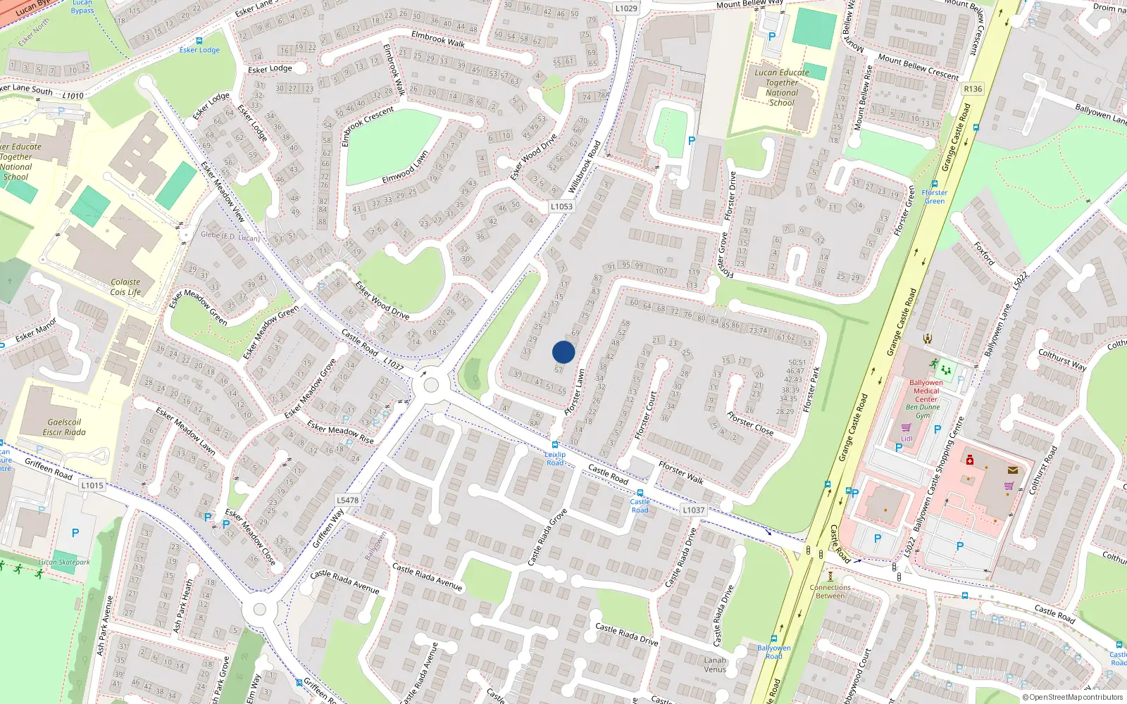 Overhead map showing the location of 63 Fforster Lawn, Ballydowd Manor, Lucan